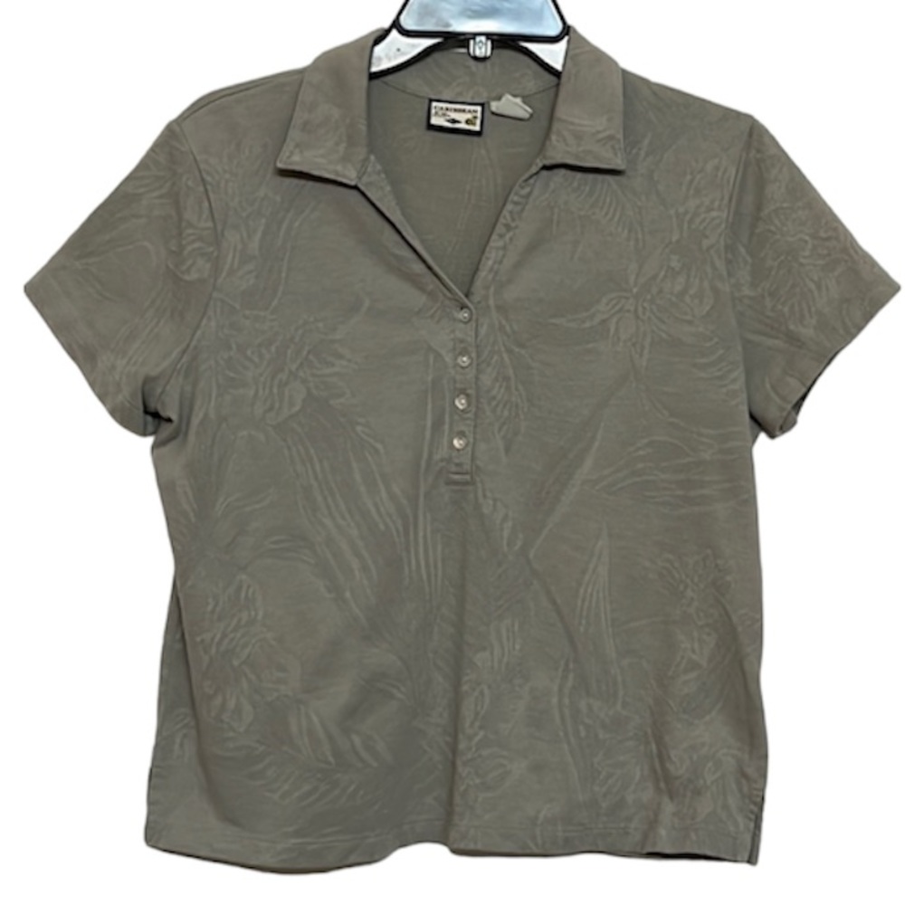 🌞 Caribbean Joe short sleeve collar prep. Island vibe leaf prints grey women LP